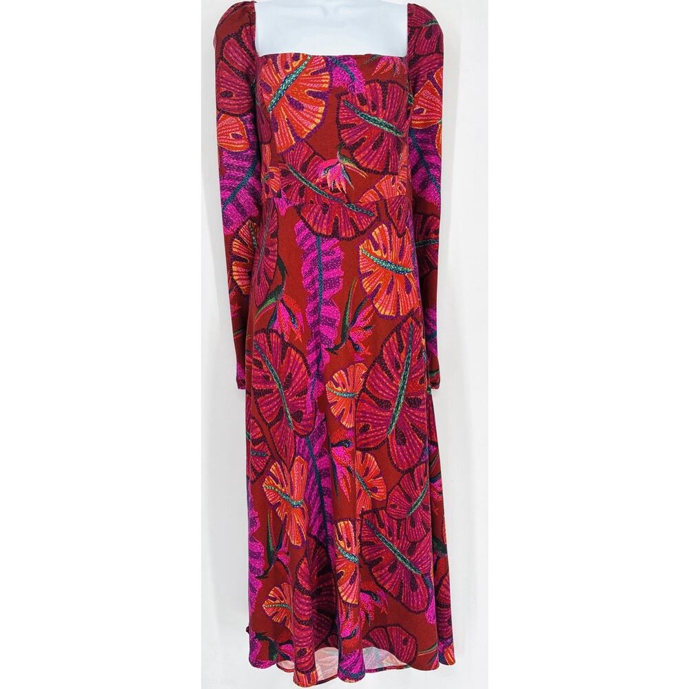 FARM Rio Floral Dress XL Red Pink Tropical Square Neck Long Sleeve Maxi - Picture 4 of 7